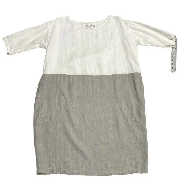 Magic Linen Women's Adria Color Block Linen 3/4 Sleeve Dress Size M White Gray - Picture 3 of 9